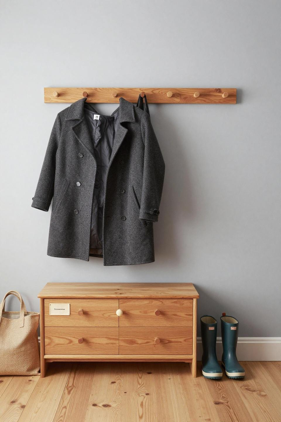 Farmhouse mudroom with Scandinavian olive wood peg rail at staggered heights