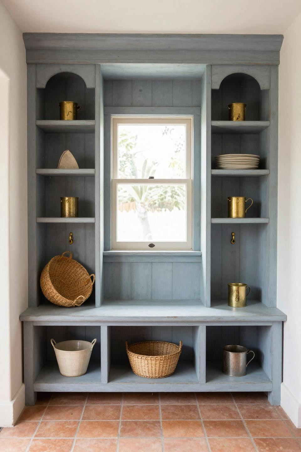 Farmhouse mudroom with vintage soft blue-grey painted reclaimed pine cubbies