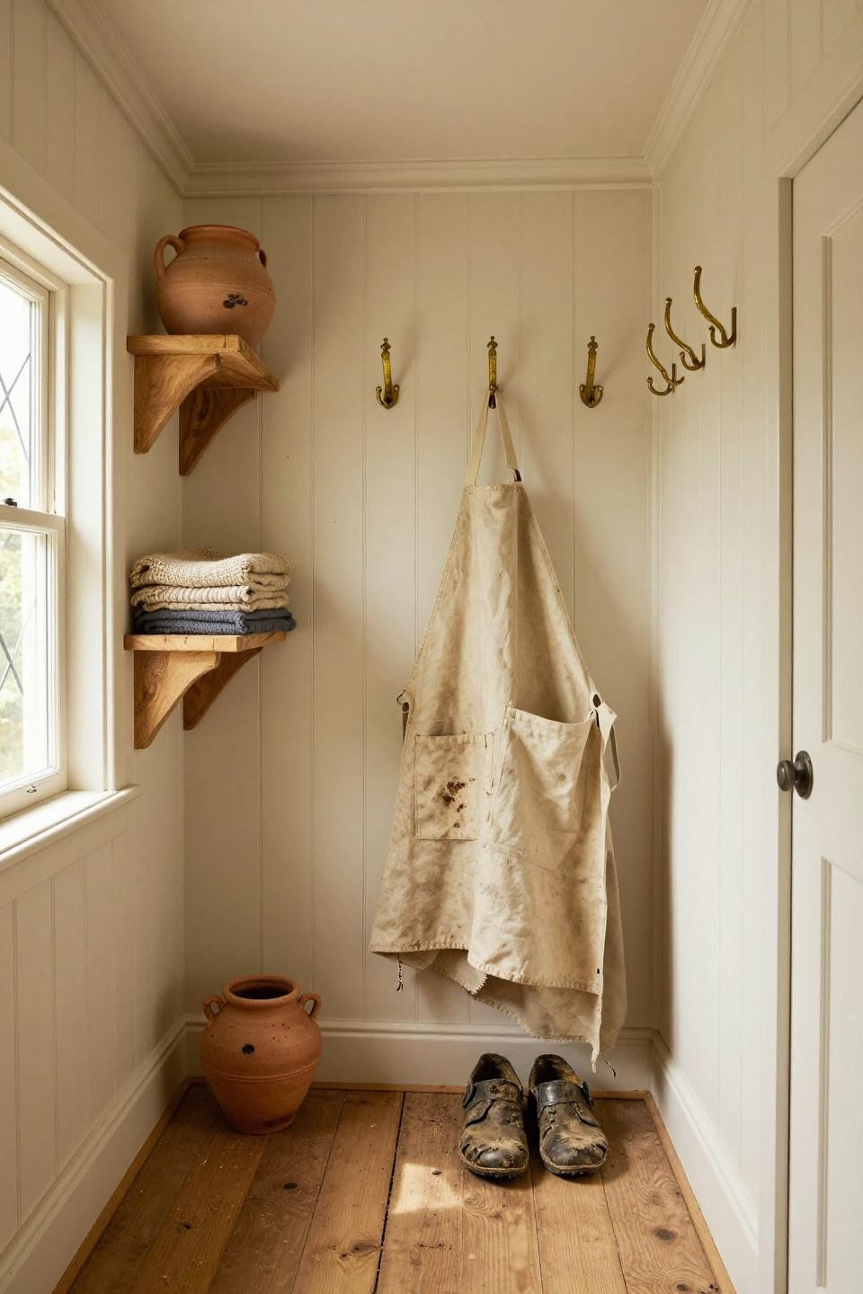 Farmhouse mudroom nook with cream wainscoting and mismatched salvaged brass hooks