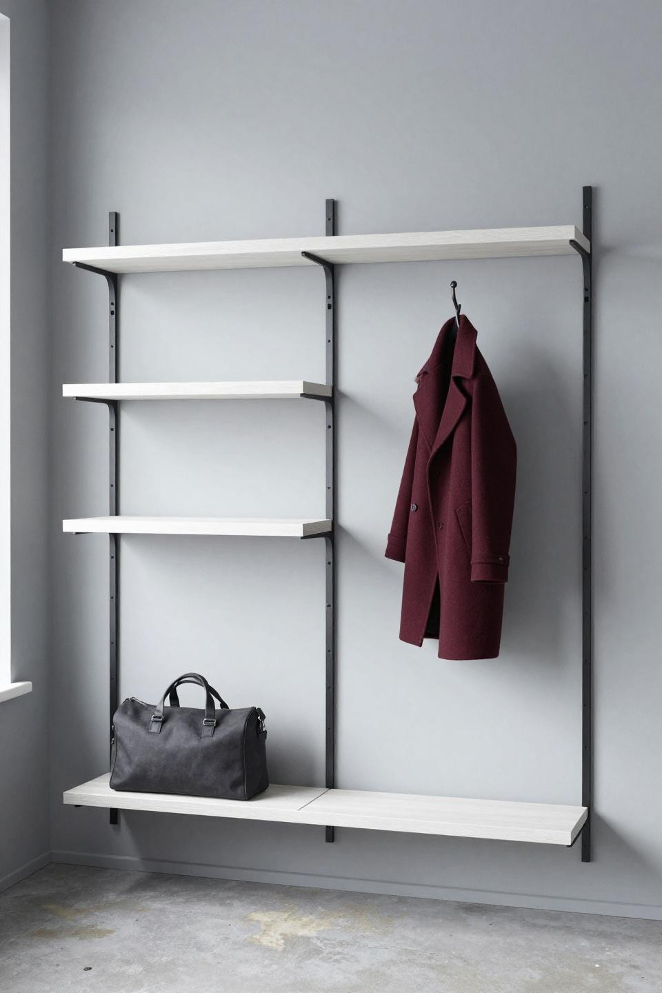 Farmhouse mudroom with minimalist blackened steel floating shelves and white oak treads