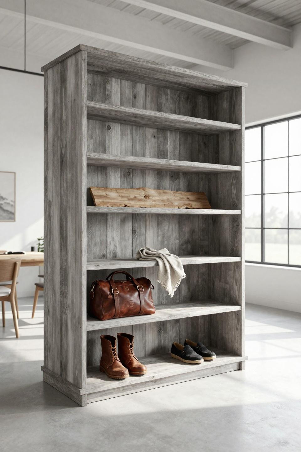 Farmhouse mudroom with barn wood island and driftwood grey timber planks