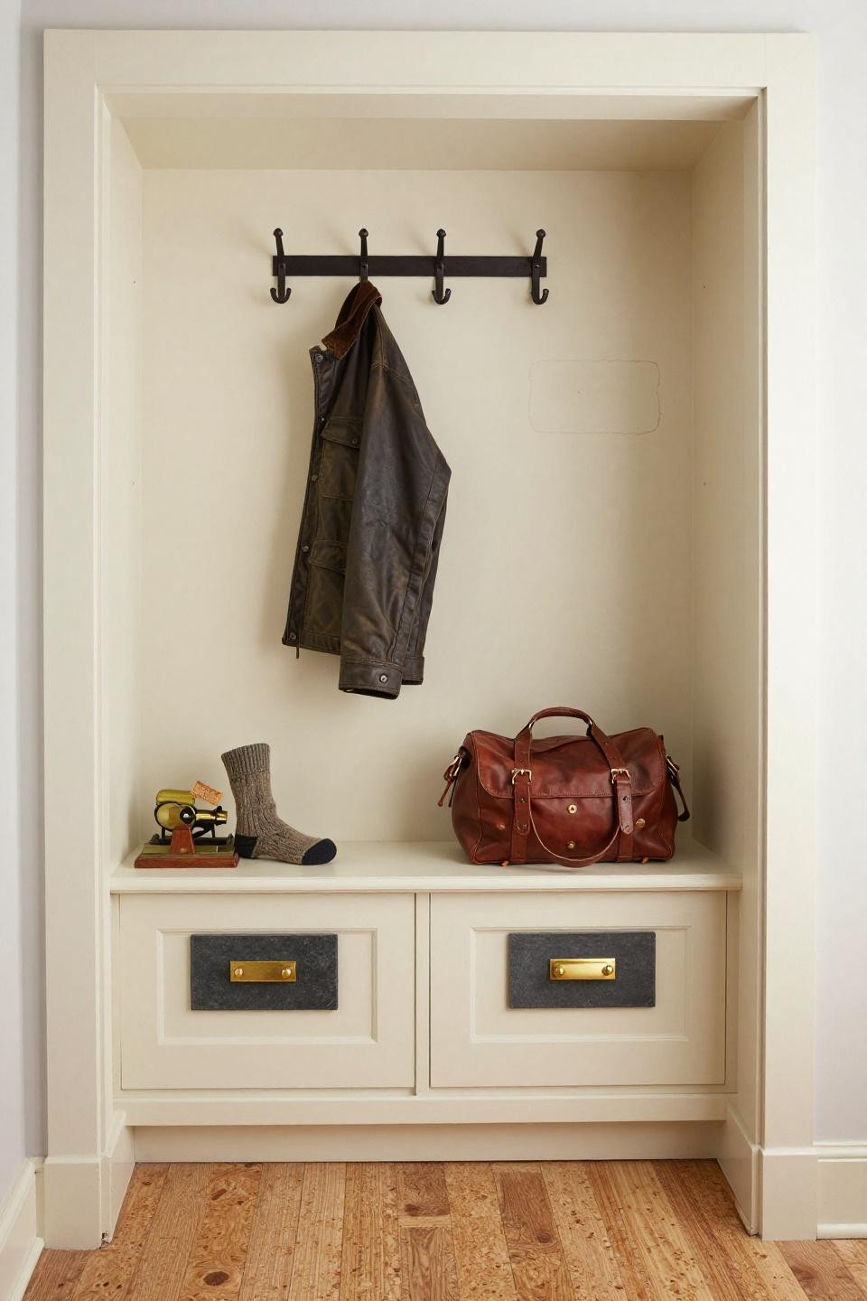 Farmhouse mudroom with symmetrical limewash cream cubbies and slate nameplates