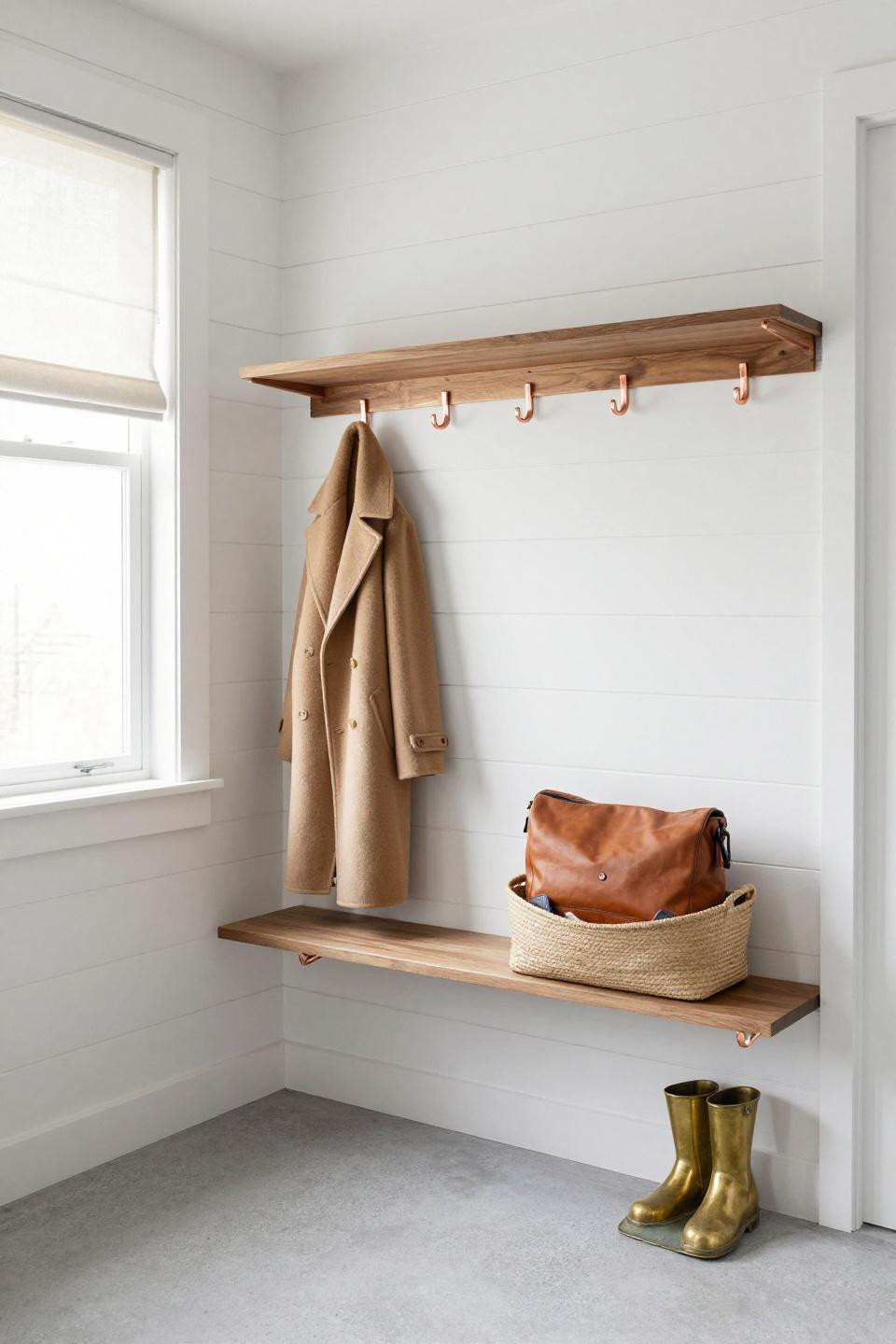 Farmhouse mudroom with whitewashed shiplap and staggered copper tube hooks