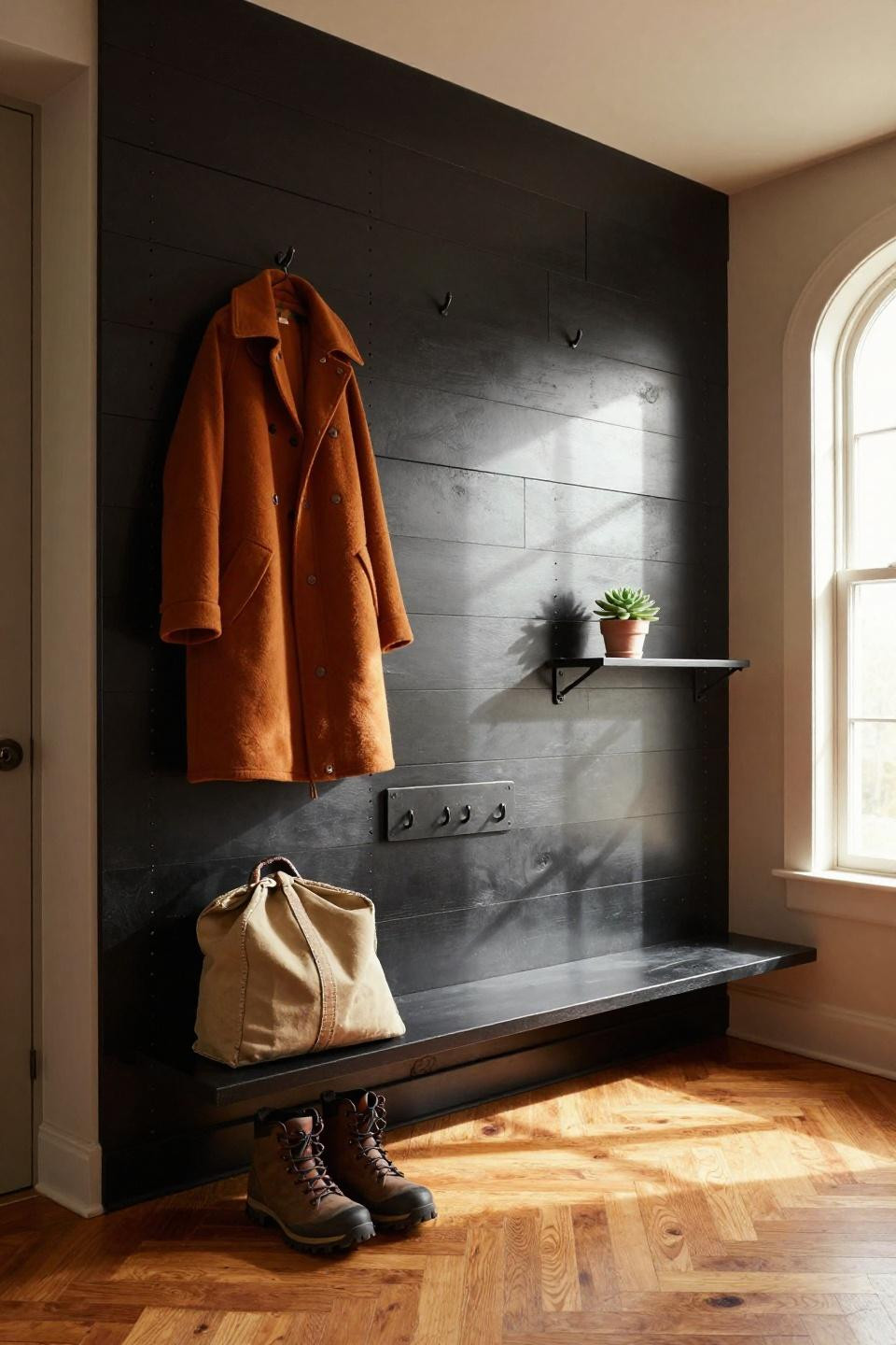 Drop zone ideas entryway with dramatic black shiplap wall and metal grid pegboard