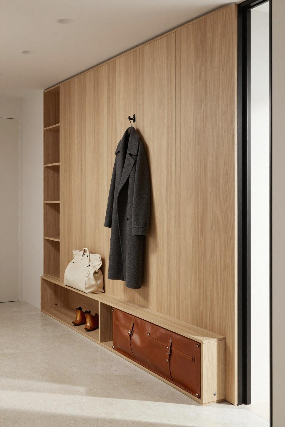 Mud room designs with minimalist blonde wood wall rail and integrated cubbies