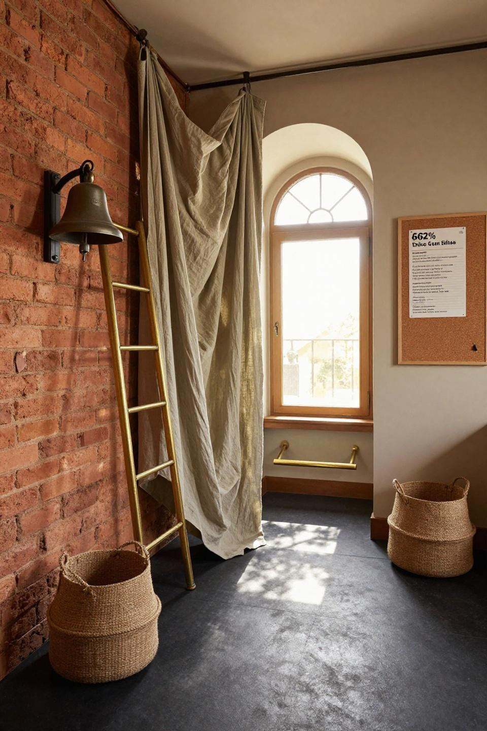 Mudroom design with floor-to-ceiling vintage brass ladder coat rack and exposed brick