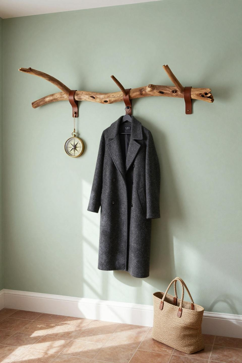 Mudroom inspiration with sculptural driftwood branch coat rack against sage plaster