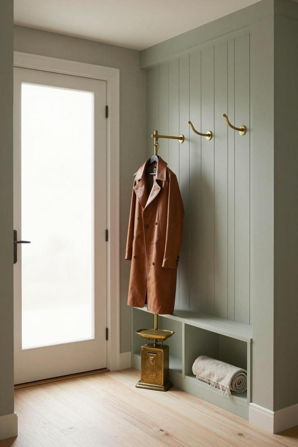 Mud room ideas entryway entrance with sage board-and-batten wall and brass coat rack