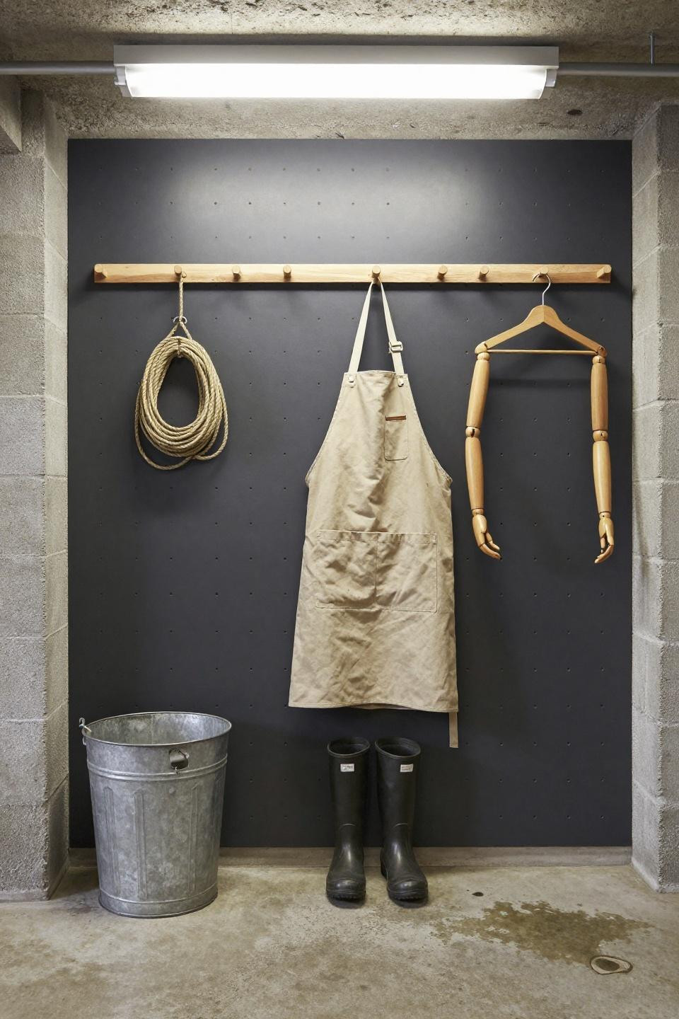 Dropzone ideas entryway with matte charcoal pegboard and timber dowels