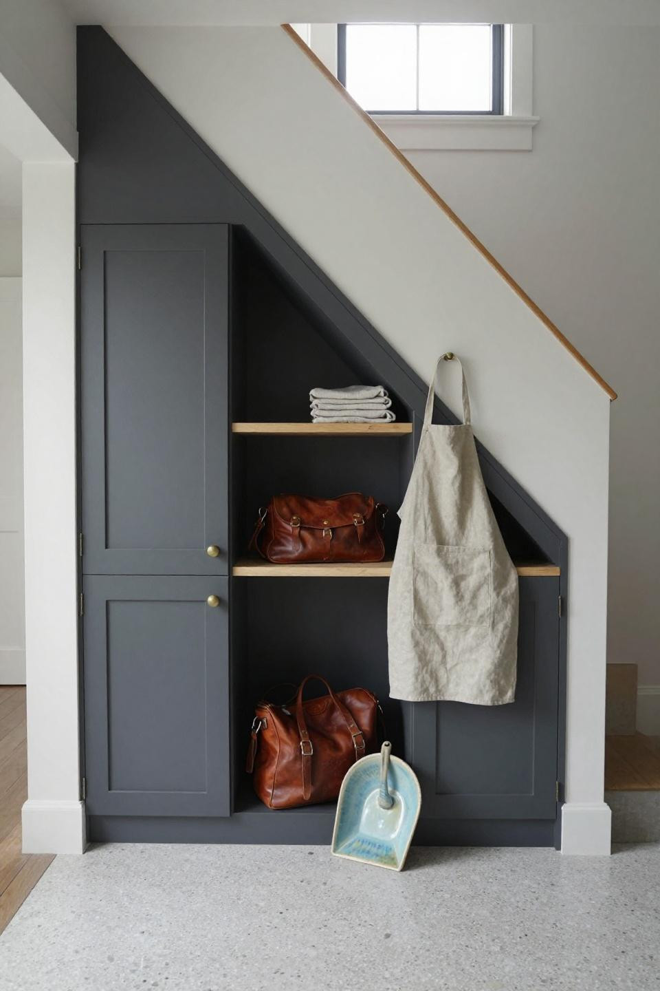 Entry mudroom ideas carved under stairs with charcoal shaker doors