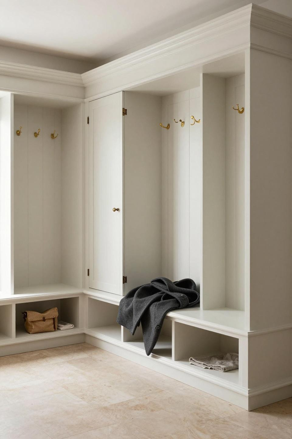 Modern mudroom with whitewashed shaker panel built-ins and brass hooks