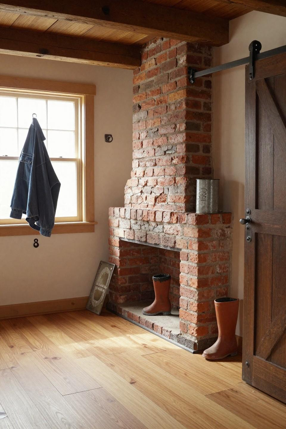 Farmhouse mudroom ideas entryway with reclaimed brick chimney and barn door storage
