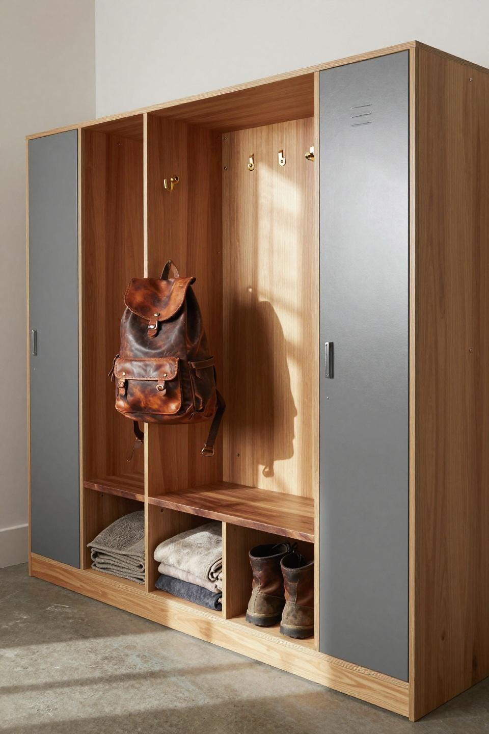 Mudroom closet ideas showing charcoal plywood locker system with walnut bench seat