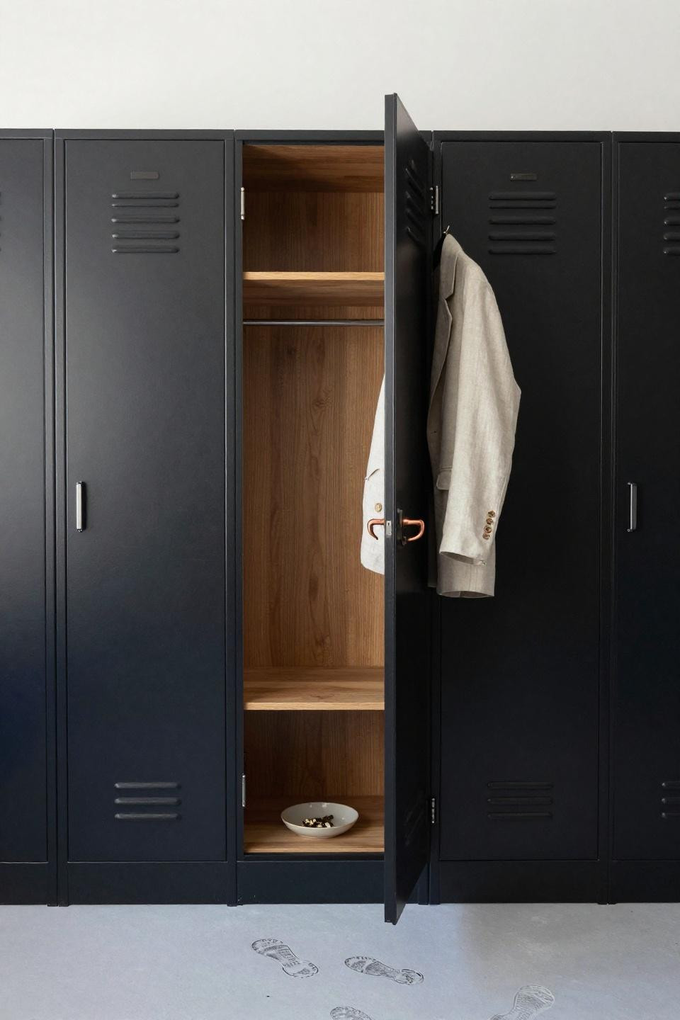 Mudroom lockers with doors in matte black powder-coated steel with staggered heights