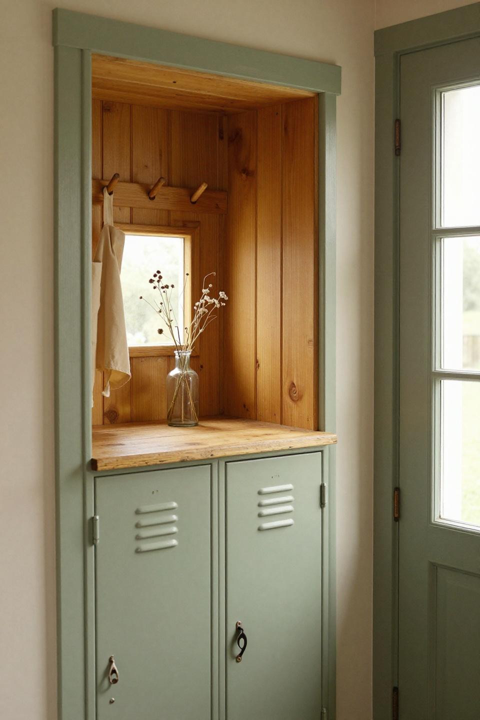 Functional mudroom with sage green painted locker doors and wrought iron latches