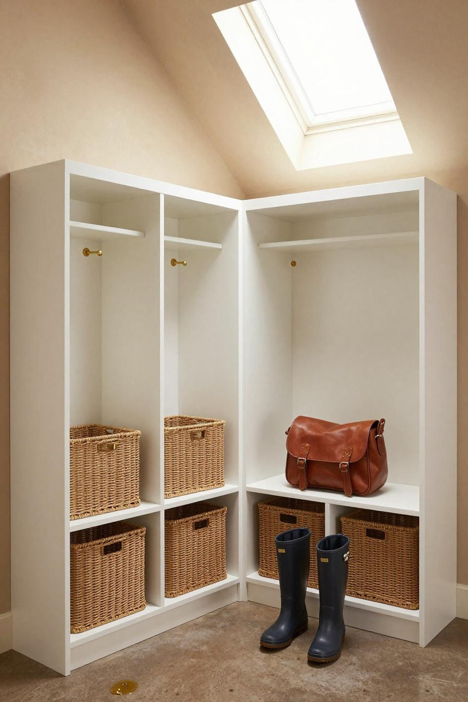 Built in lockers mud rooms featuring shaker-style cabinets with unlacquered brass pulls