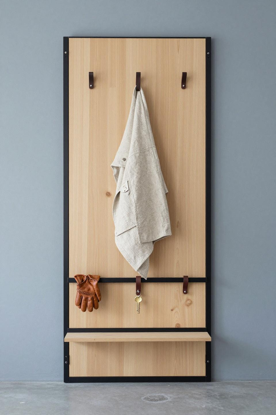 Mudroom drop zone with birch plywood modular locker and leather pull straps