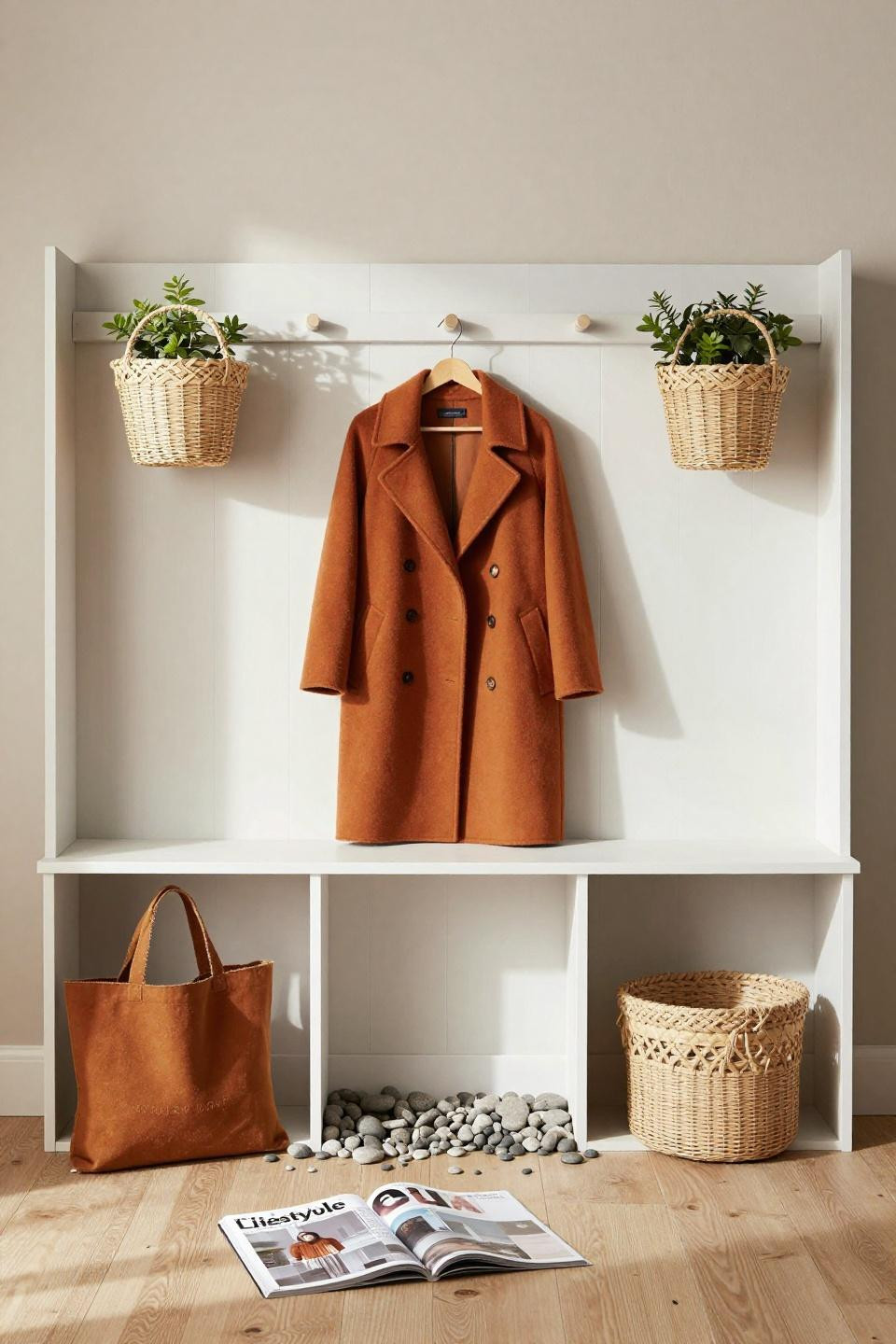 Mudroom built ins with Scandinavian grey ash rail and seagrass baskets