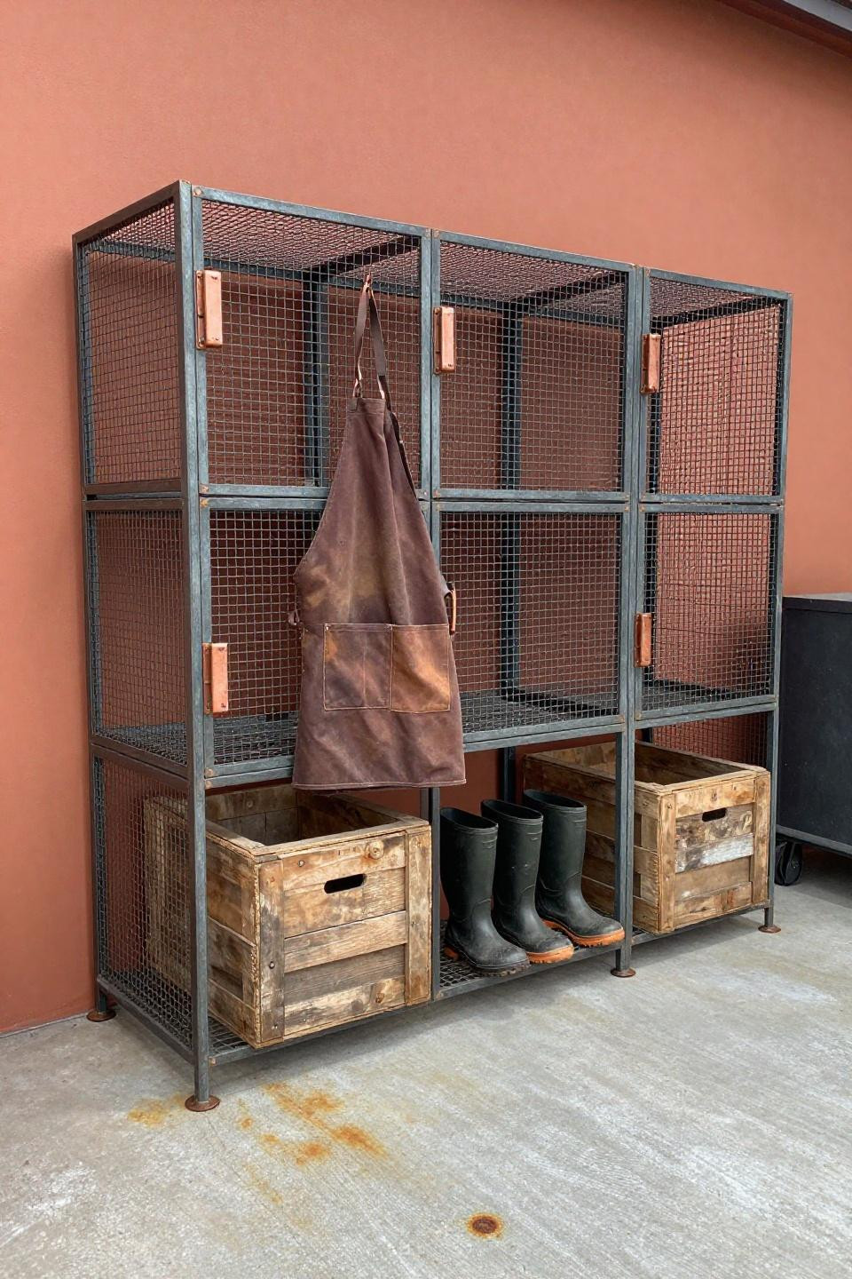 Mudroom inspiration featuring industrial steel double-tier locker system with copper handles