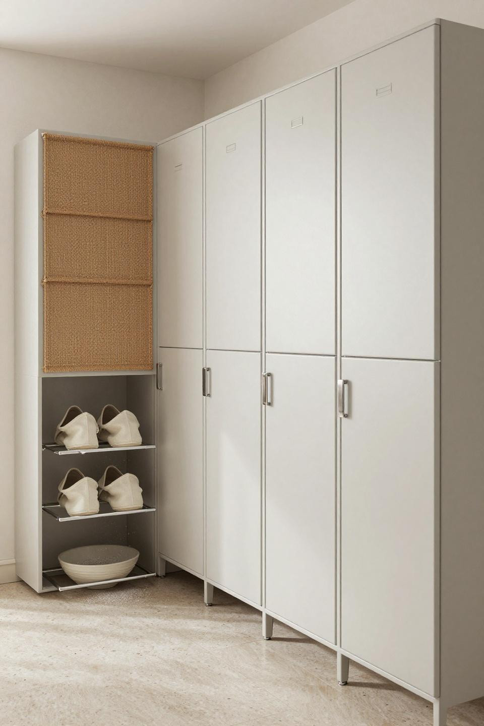 Mudroom lockers with bench featuring pale ash wood and brushed nickel hardware