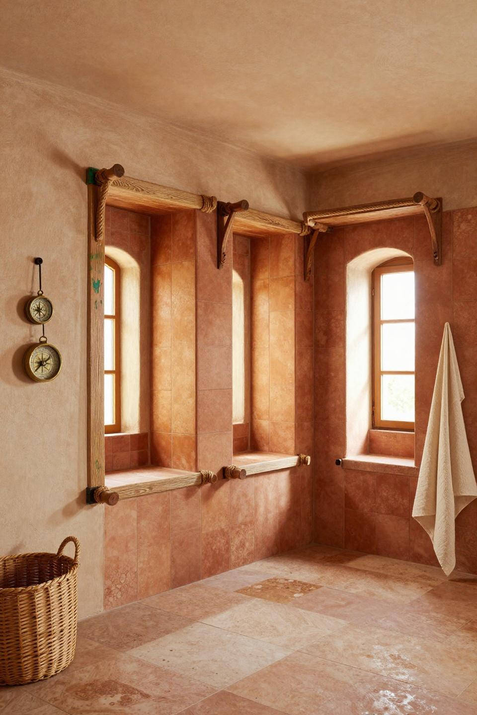 Entryway lockers with whitewashed timber frames and rope-wrapped dowel pegs