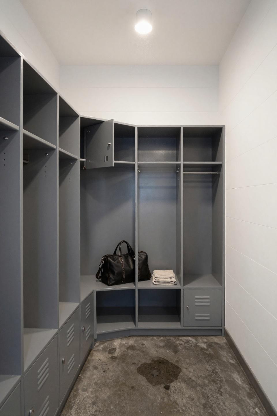 Modern mudroom with gunmetal grey powder-coated steel lockers in asymmetrical grid
