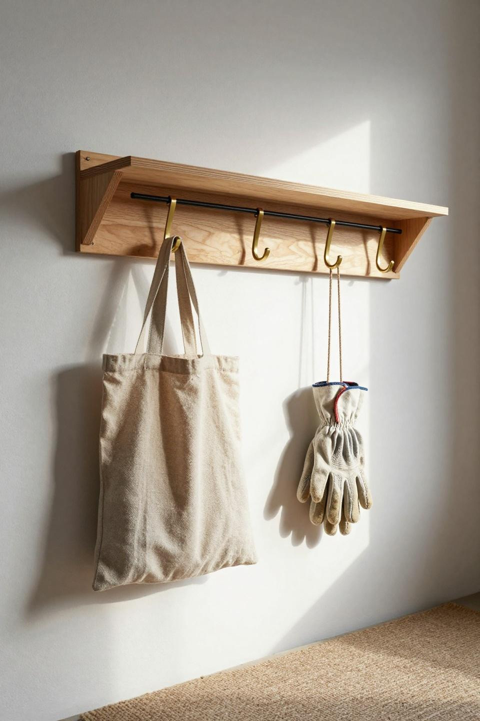Entry drop zone with DIY plywood shelf and matte black dowel rod