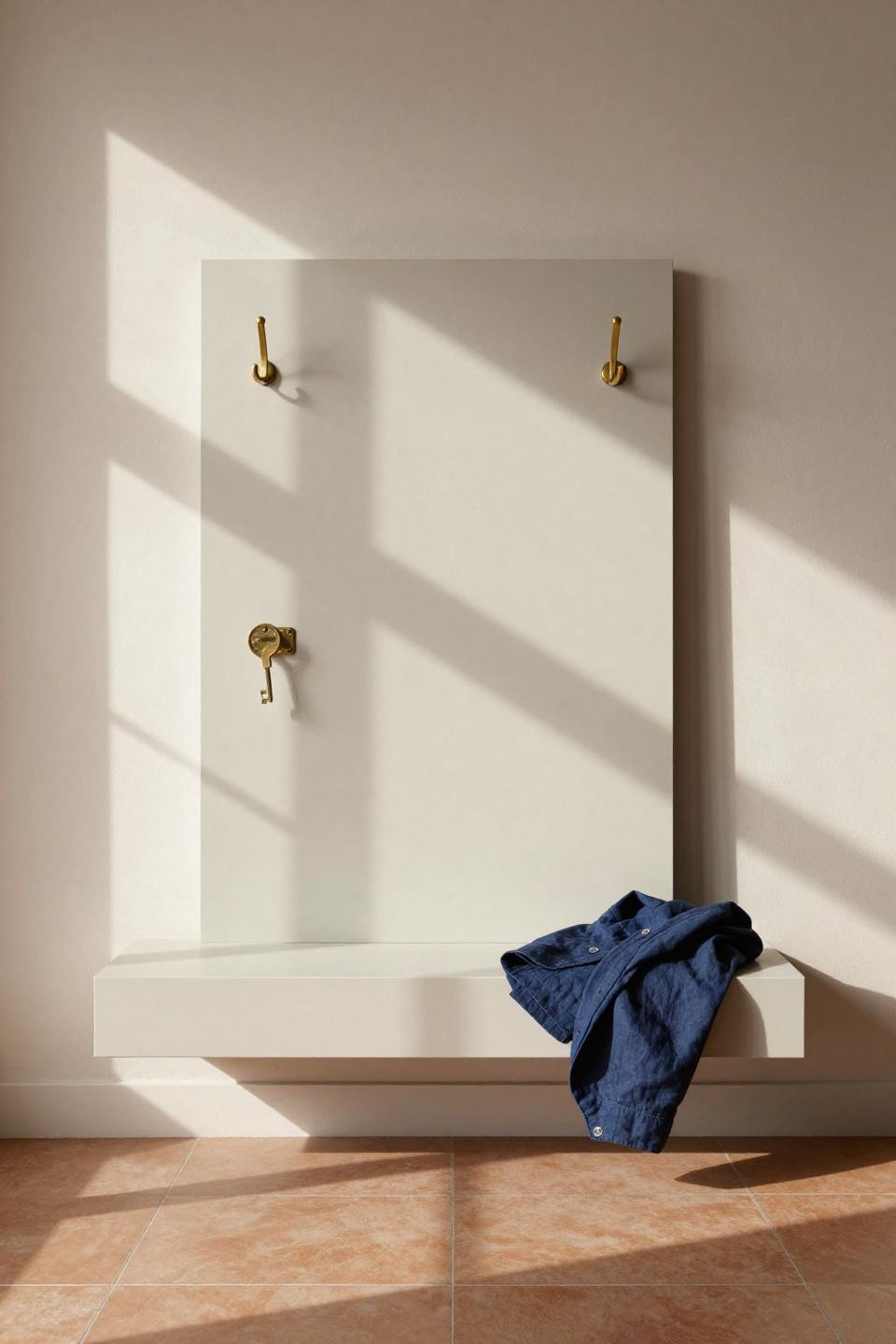 DIY hall tree bench with pale ash wood and vintage brass hooks