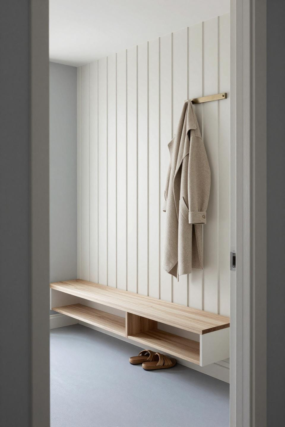 Hall tree entryway featuring vertical slat paneling in soft cream