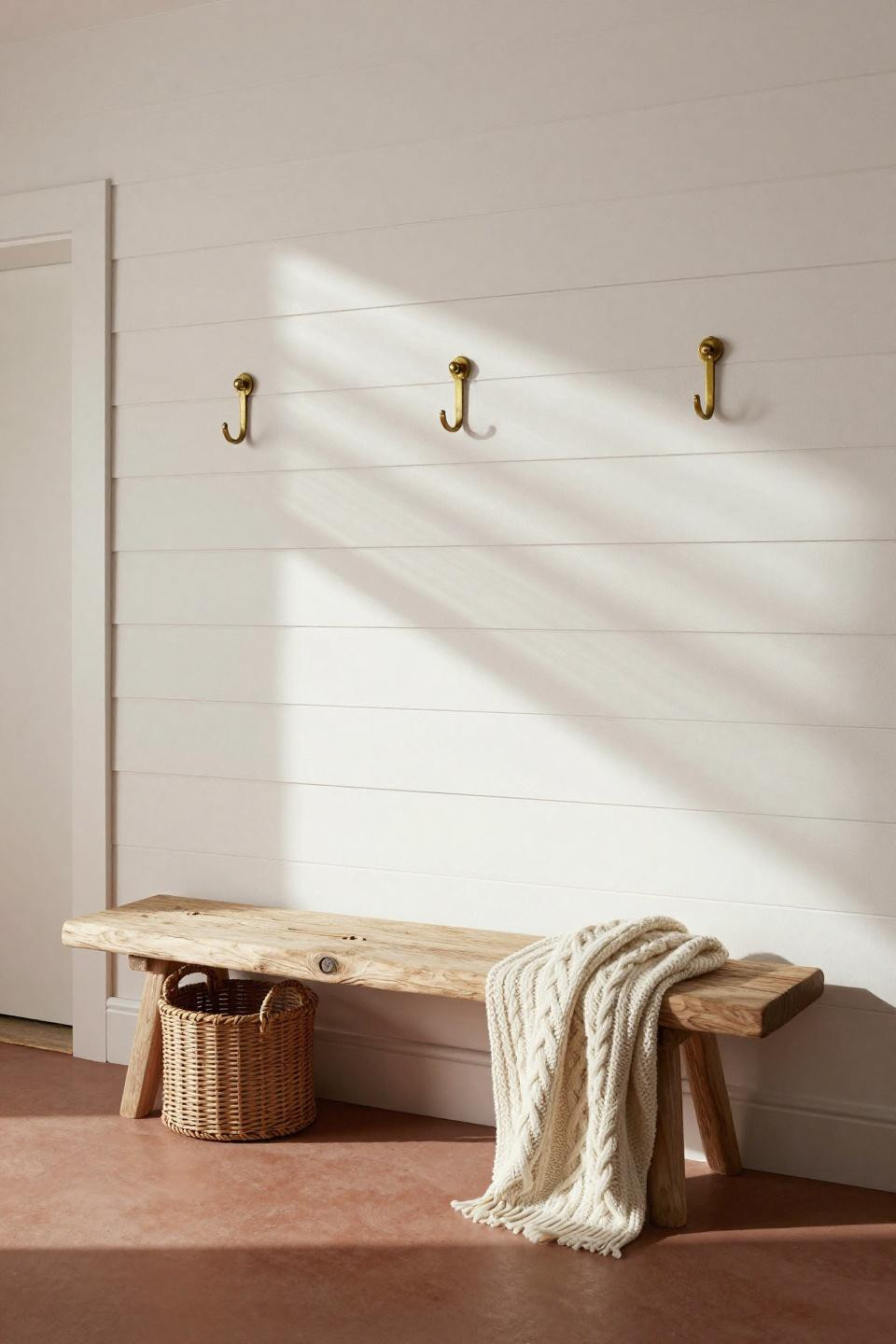 Drop zone ideas entryway with floating driftwood bench and rattan