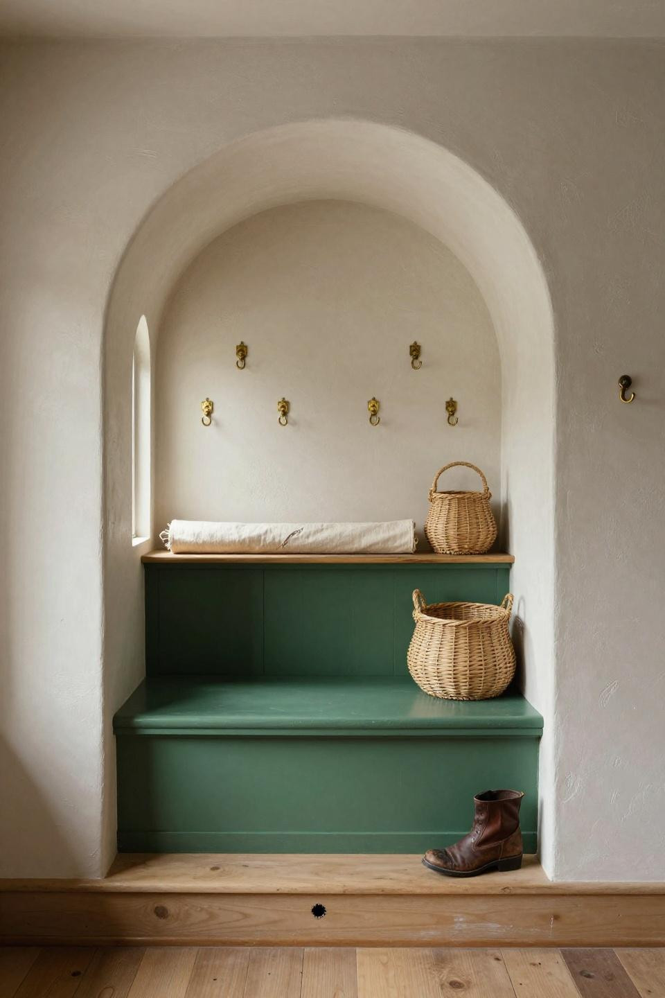 Hall tree decorating ideas with emerald painted arched alcove