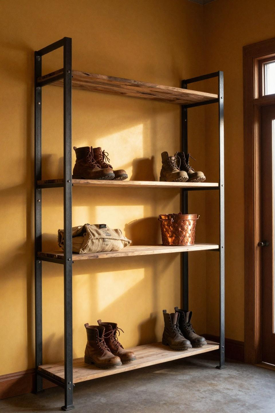 Farmhouse hall tree with blackened steel and reclaimed wood shelves