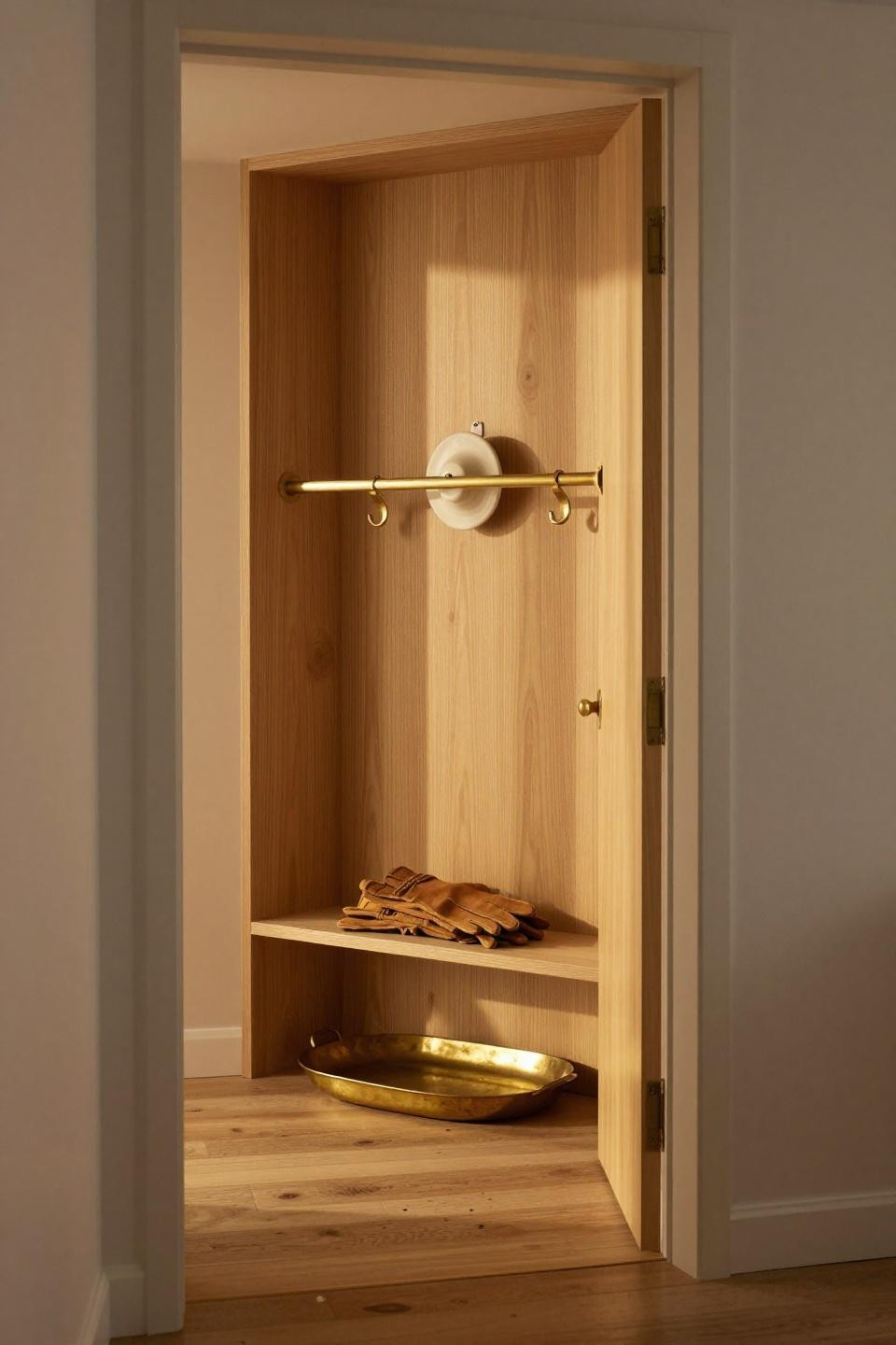 Entry drop zone with mid-century blonde oak and ceramic hooks