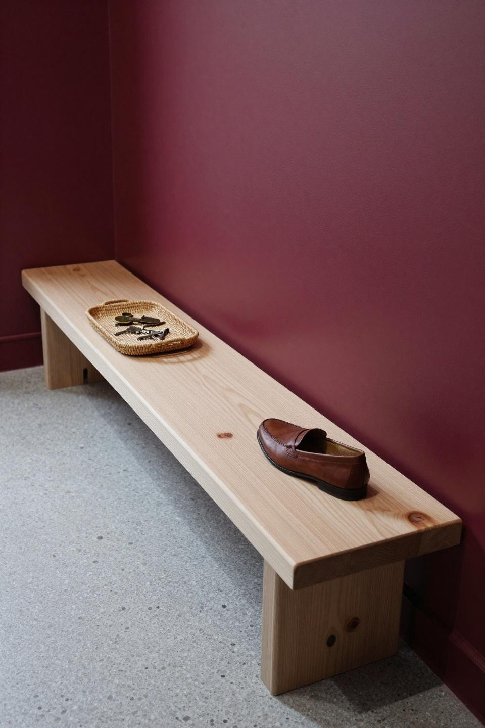 Hall tree plans featuring burgundy painted entryway niche with pale ash wood