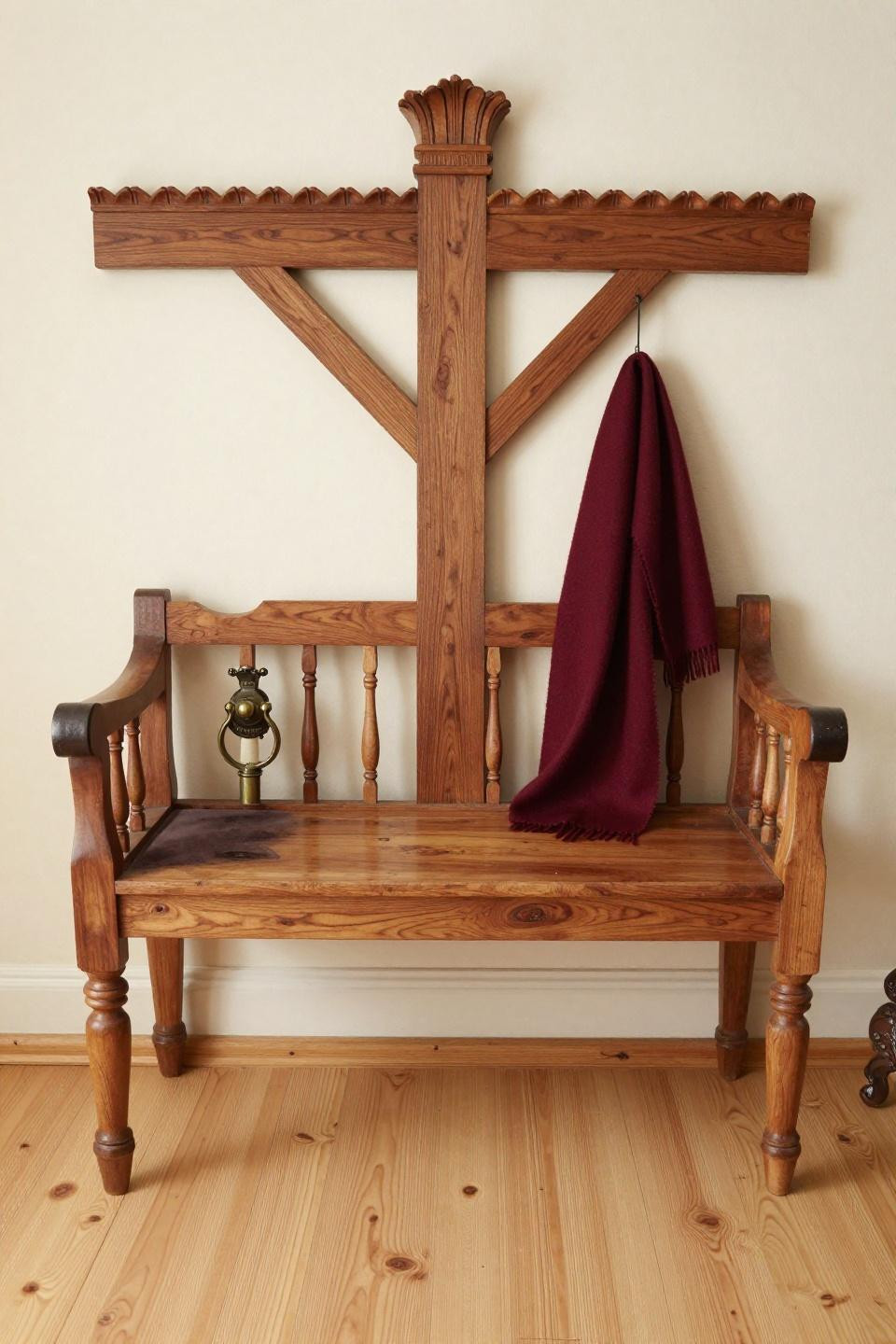 Hall tree entryway with carved walnut and charcoal velvet bench seat