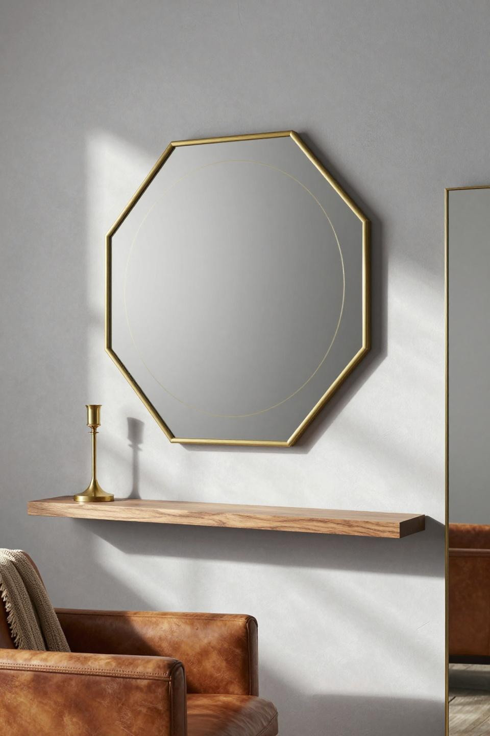 Mirror decorating ideas with asymmetrical beveled mirror collection on soft grey wall