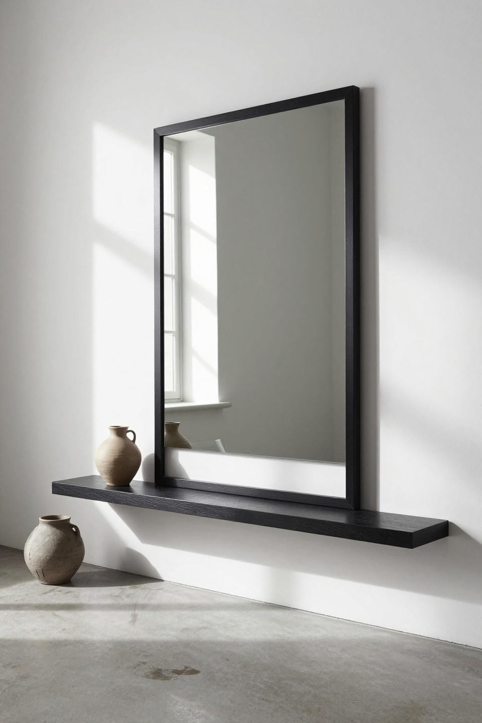 Mirror decorating ideas with floor-to-ceiling matte black rectangular mirror against white wall