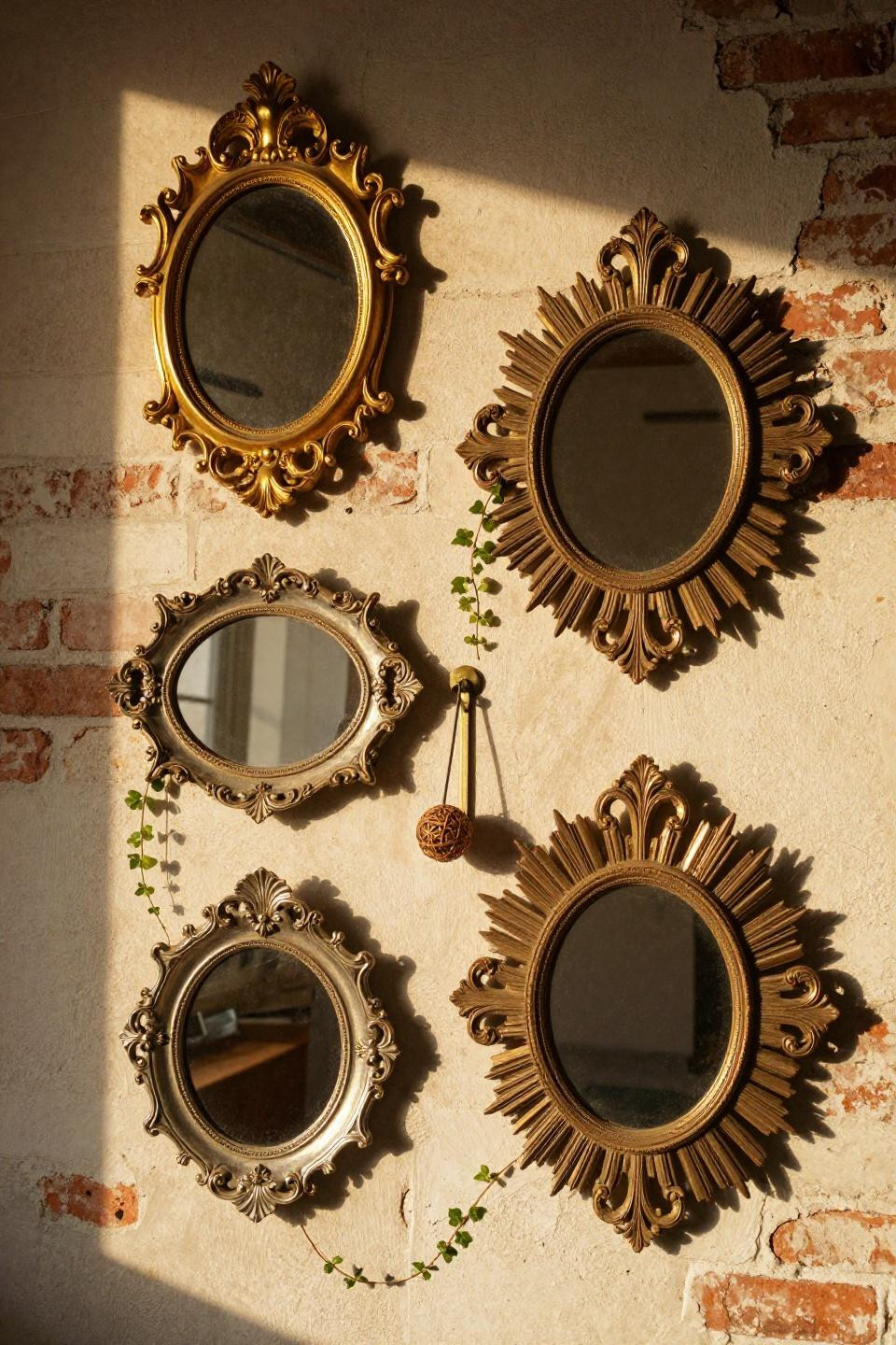 Mirror decorating ideas with four ornate antique mirrors clustered asymmetrically on exposed brick