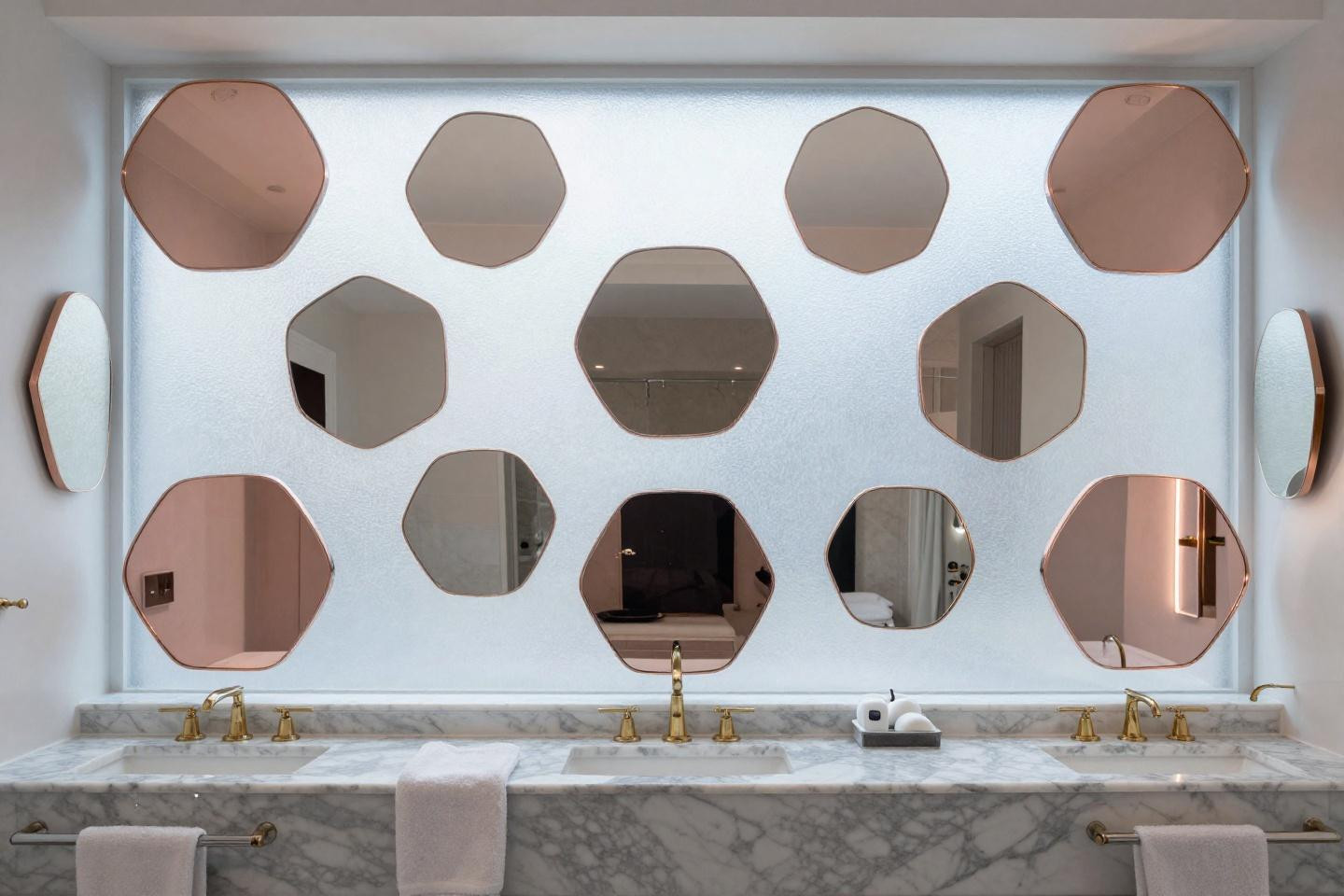 Mirror decorating ideas with twelve irregular polygonal mirrors in brushed rose gold frames