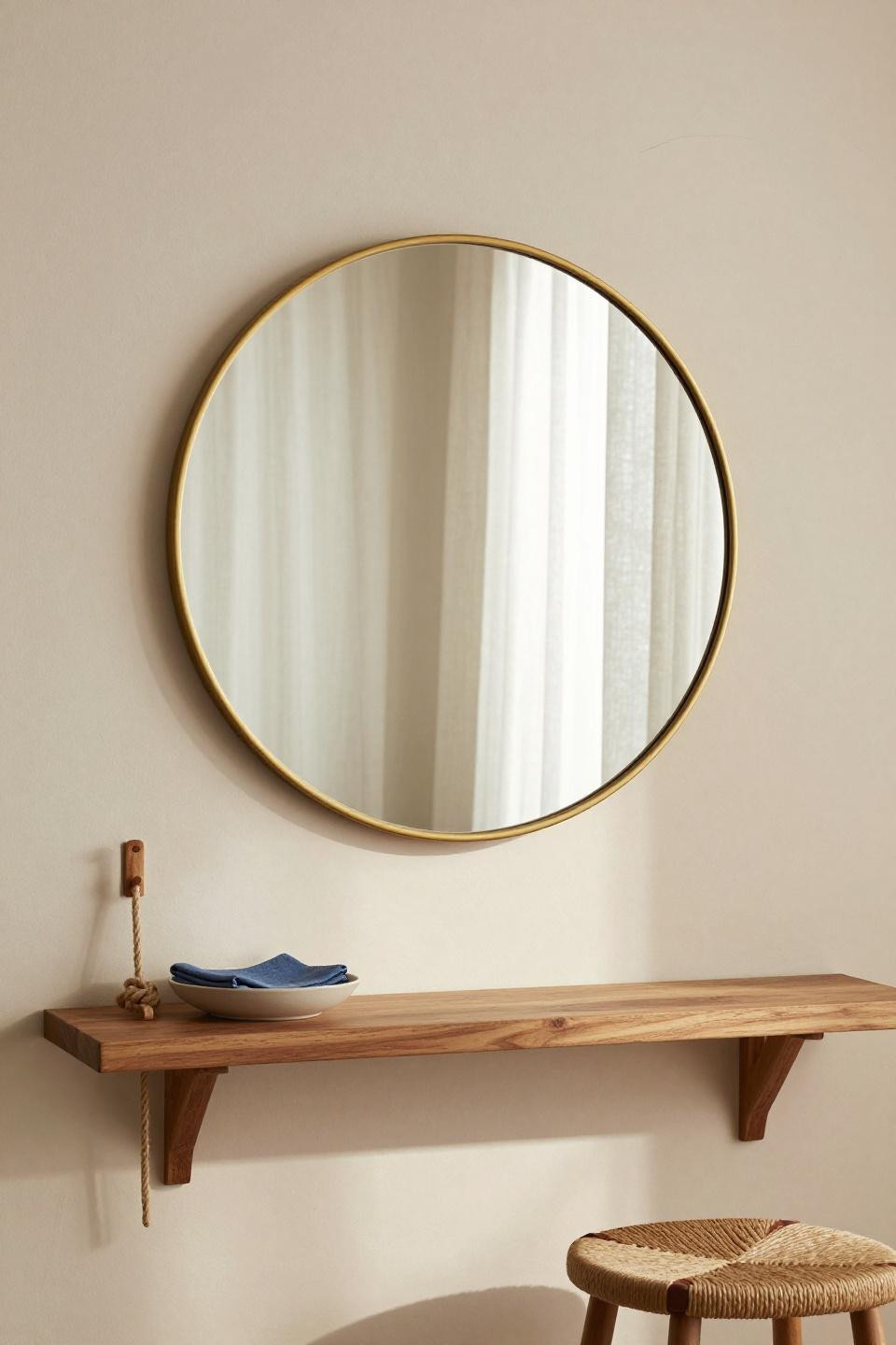 Mirror decorating ideas with large circular warm brass-framed mirror on cream limewash wall