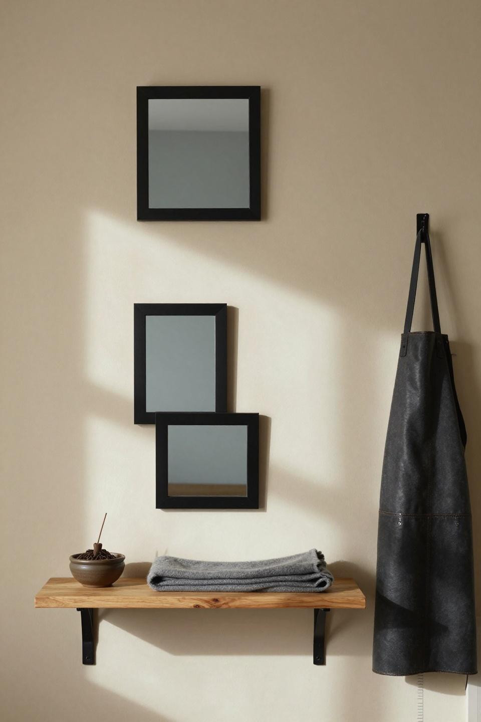 Mirror decorating ideas with three small square matte black framed mirrors in vertical line