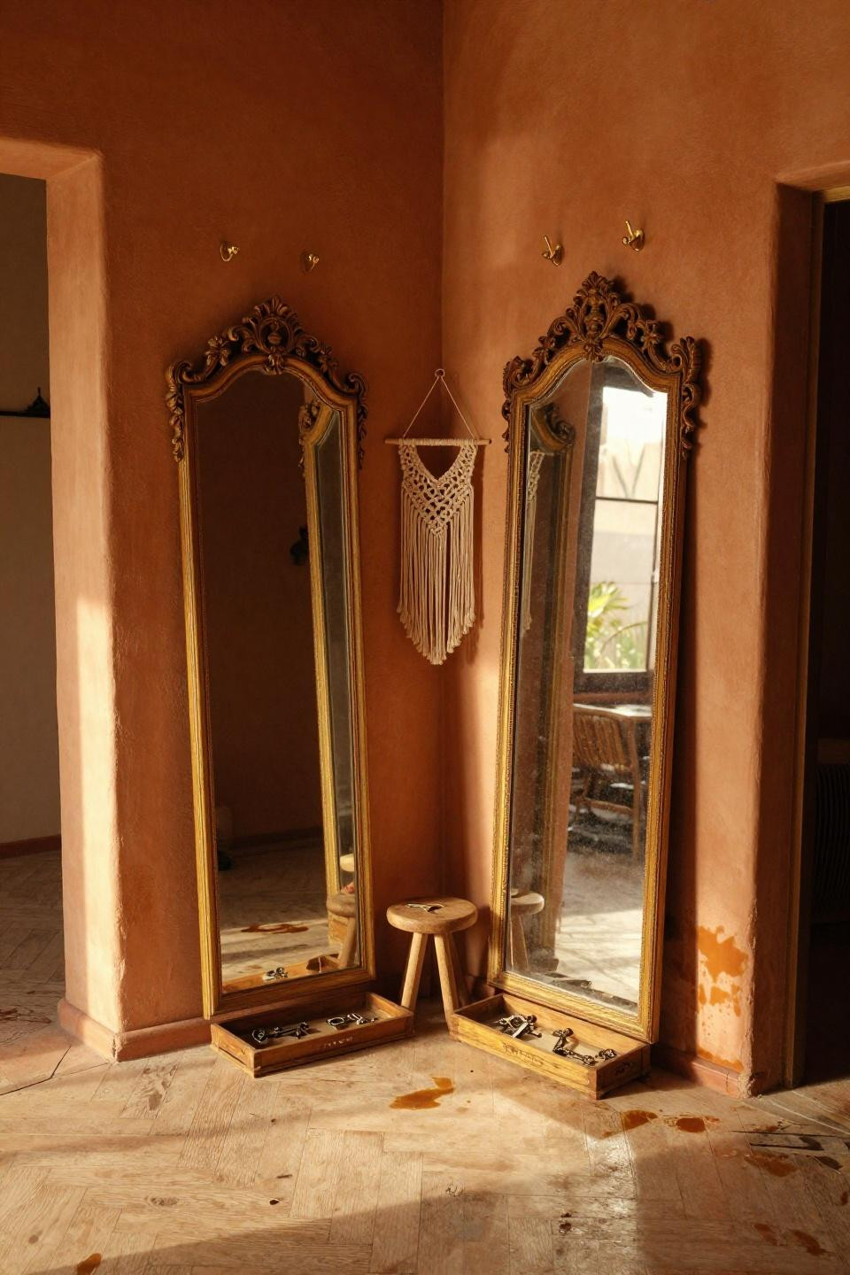 Mirror decorating ideas with two tall ornate vintage mirrors leaning against ochre terracotta wall