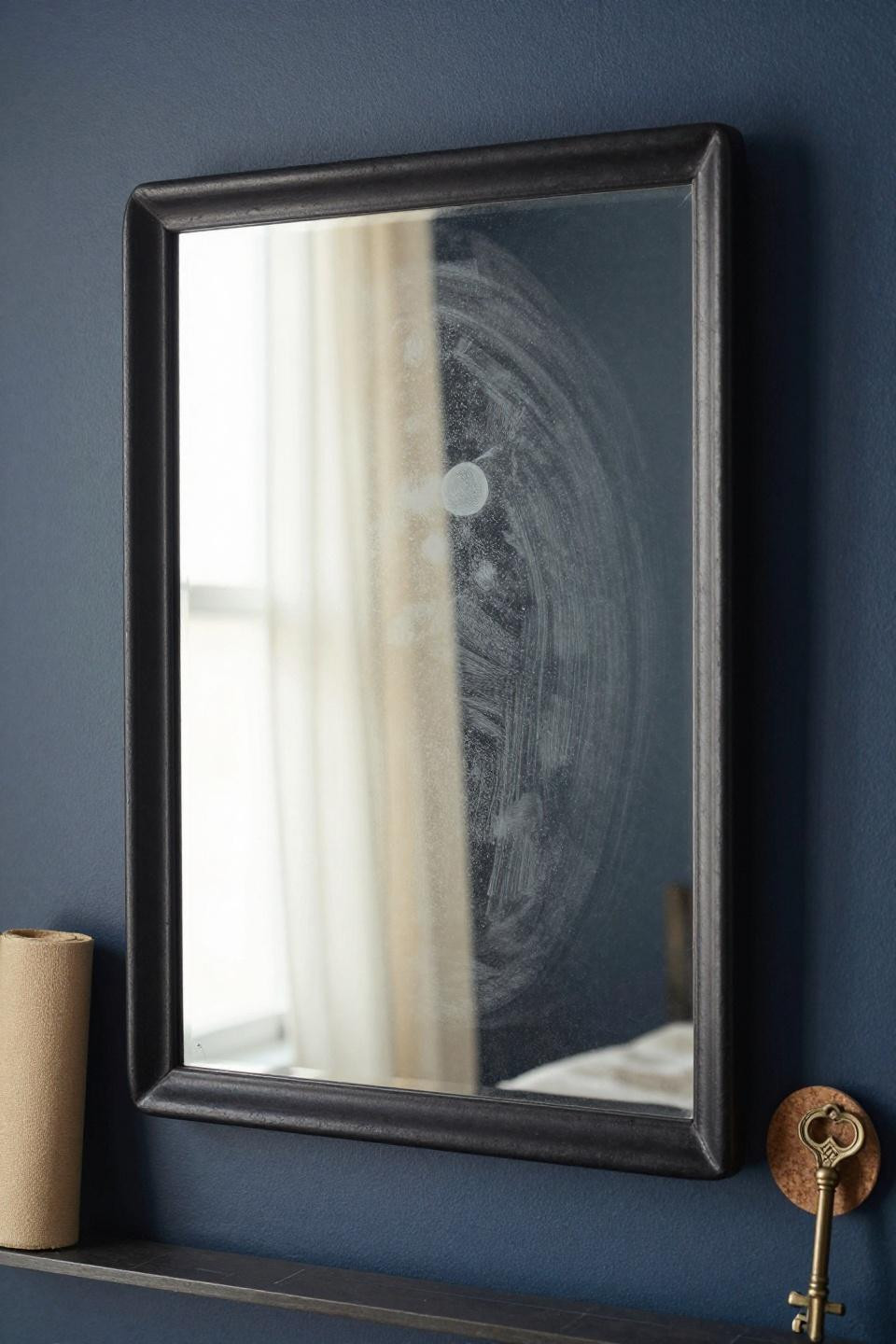 Mirror decorating ideas with sculptural blackened steel frame and acid-etched frosted glass