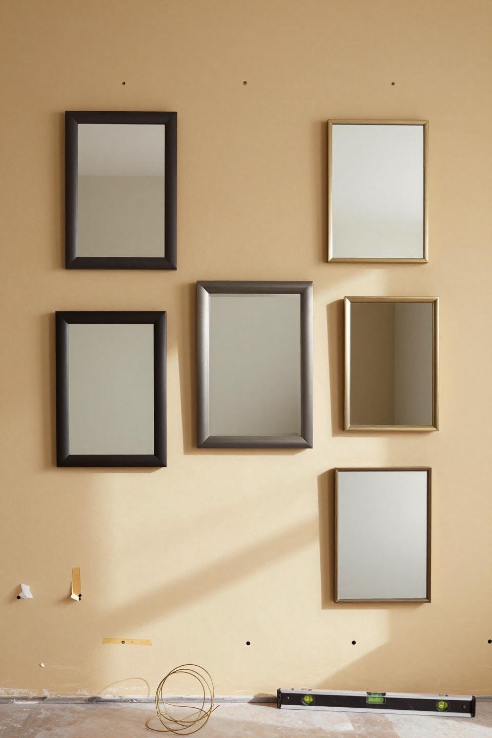 Mirror decorating ideas with six asymmetrical thin-framed mirrors in matte charcoal and brushed nickel
