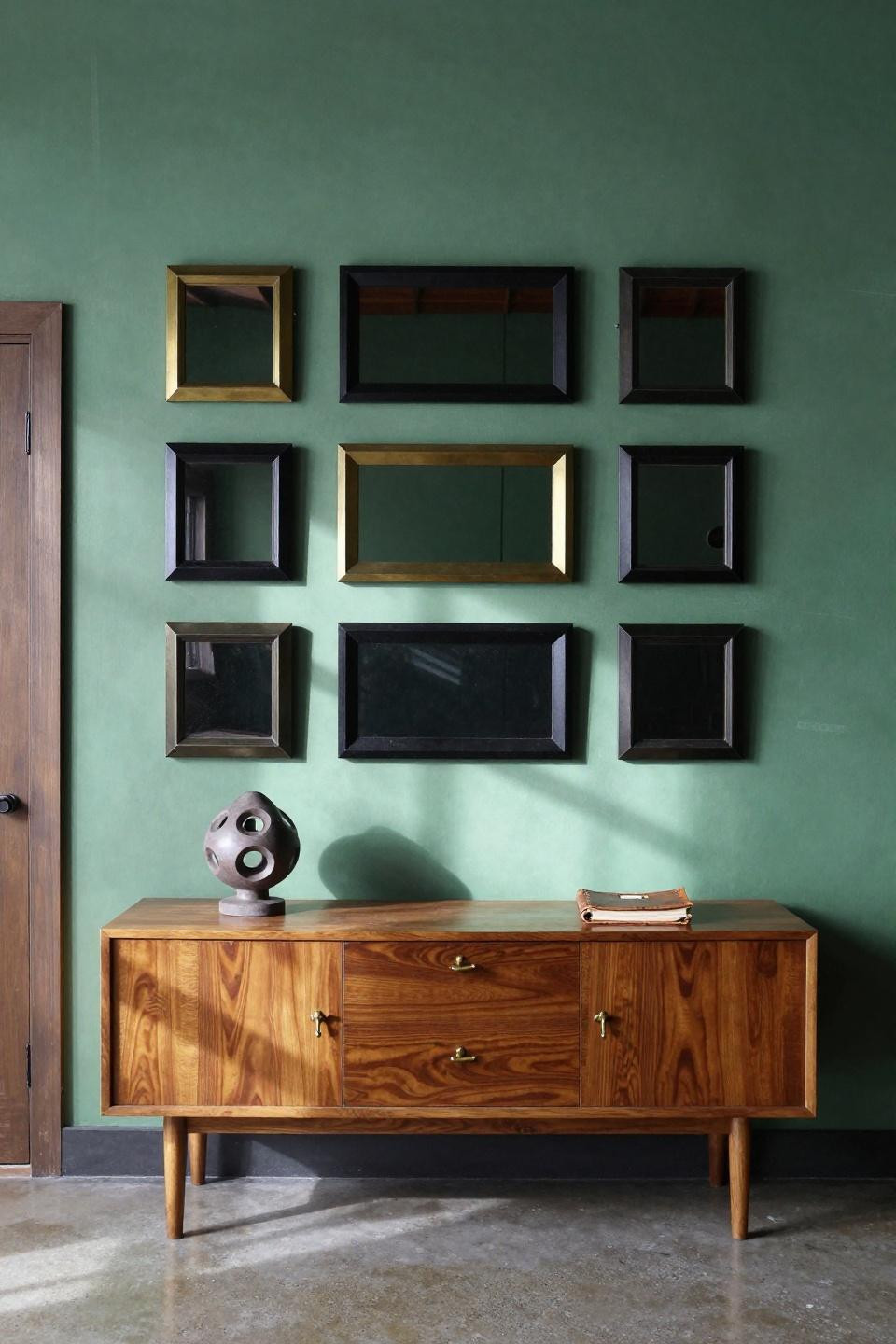 Mirror wall decor with twelve geometric art deco mirrors in unlacquered brass and blackened steel