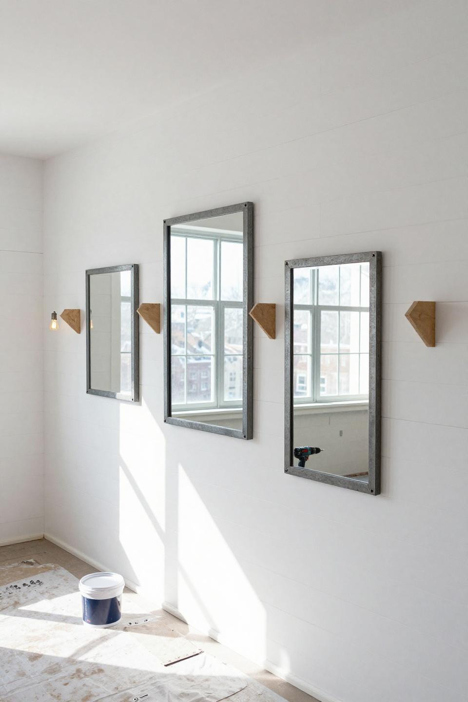 DIY mirror wall with mixed reclaimed iron frames and concrete-cast minimalist surrounds