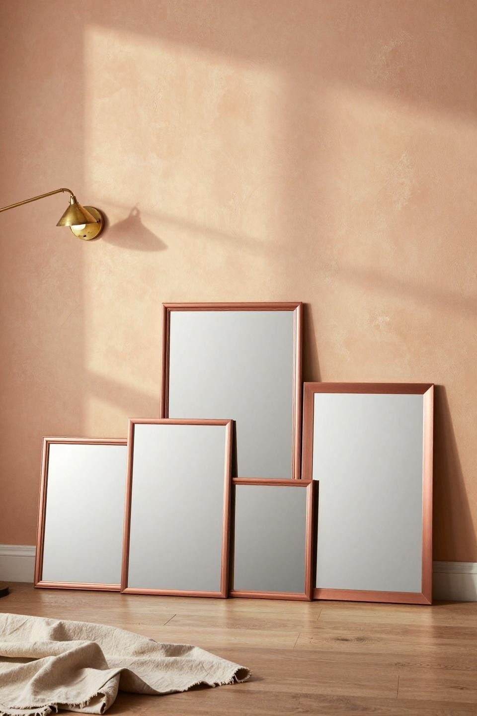Mirror wall design with five asymmetrical frameless mirrors in polished rose-gold metal