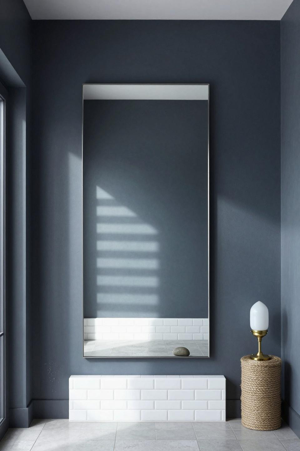 Mirror design wall with large rectangular frameless mirror mounted flush on deep charcoal plaster