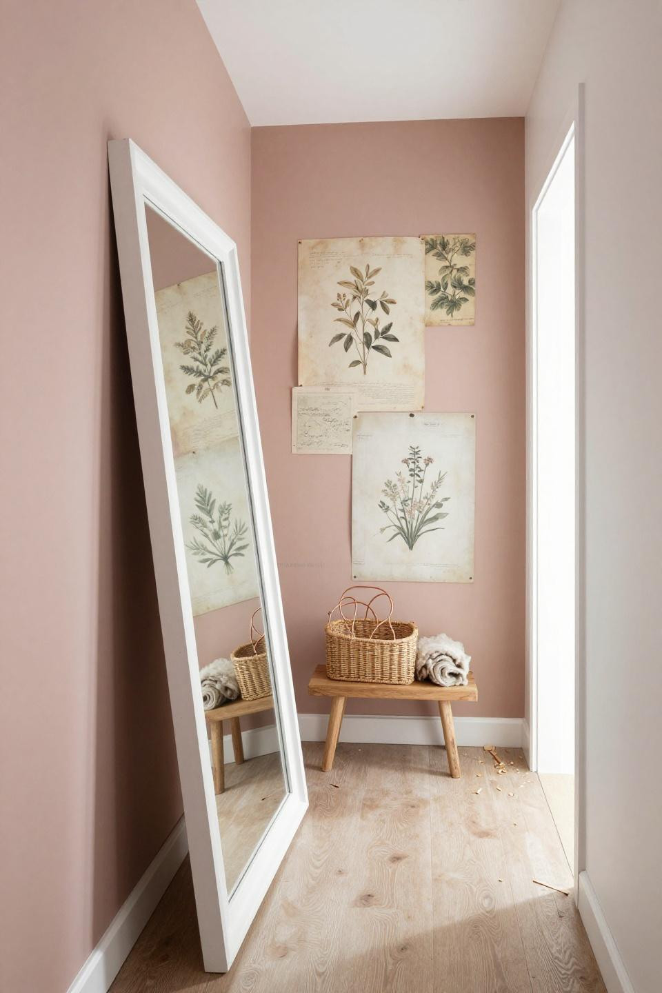 Mirror frame ideas with white-painted frameless mirror leaning against blush mauve wall