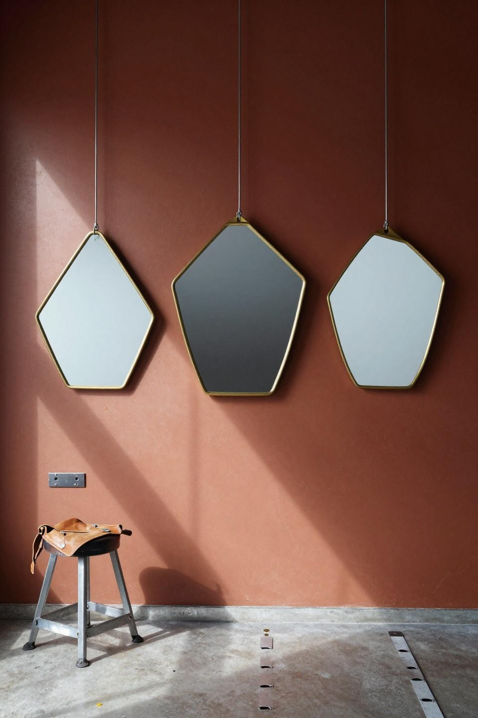 Mirror wall art with five irregular polygon brass-framed mirrors at staggered depths